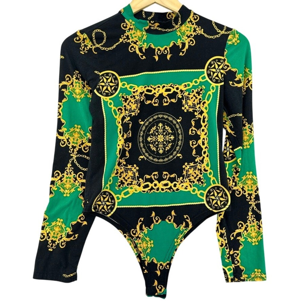 Love 83 Green Gold Baroque Scarf Print Mock Neck Bodysuit‎ M Retro Luxury Glam